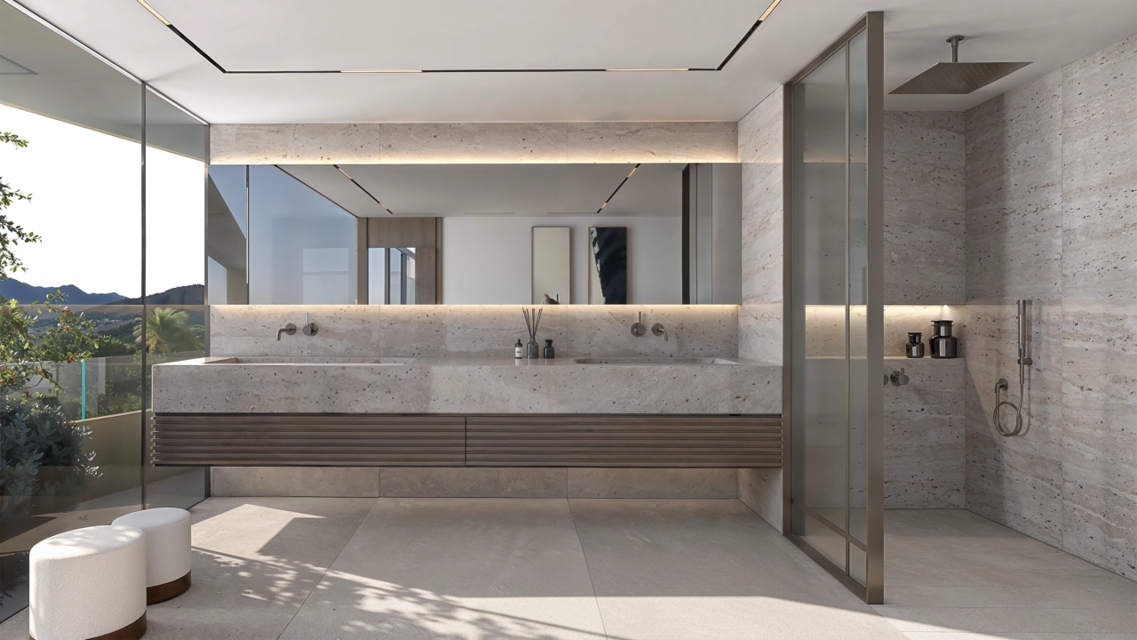 Et smukt indrettet badeværelse med førsteklasses materialer, dobbelthåndvask og et rummeligt brusebad.