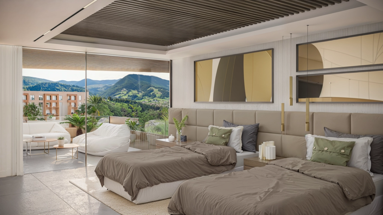 Gæstesoveværelserne er rummelige og har store vinduer, der byder det smukke landskab og naturlige lys velkommen.