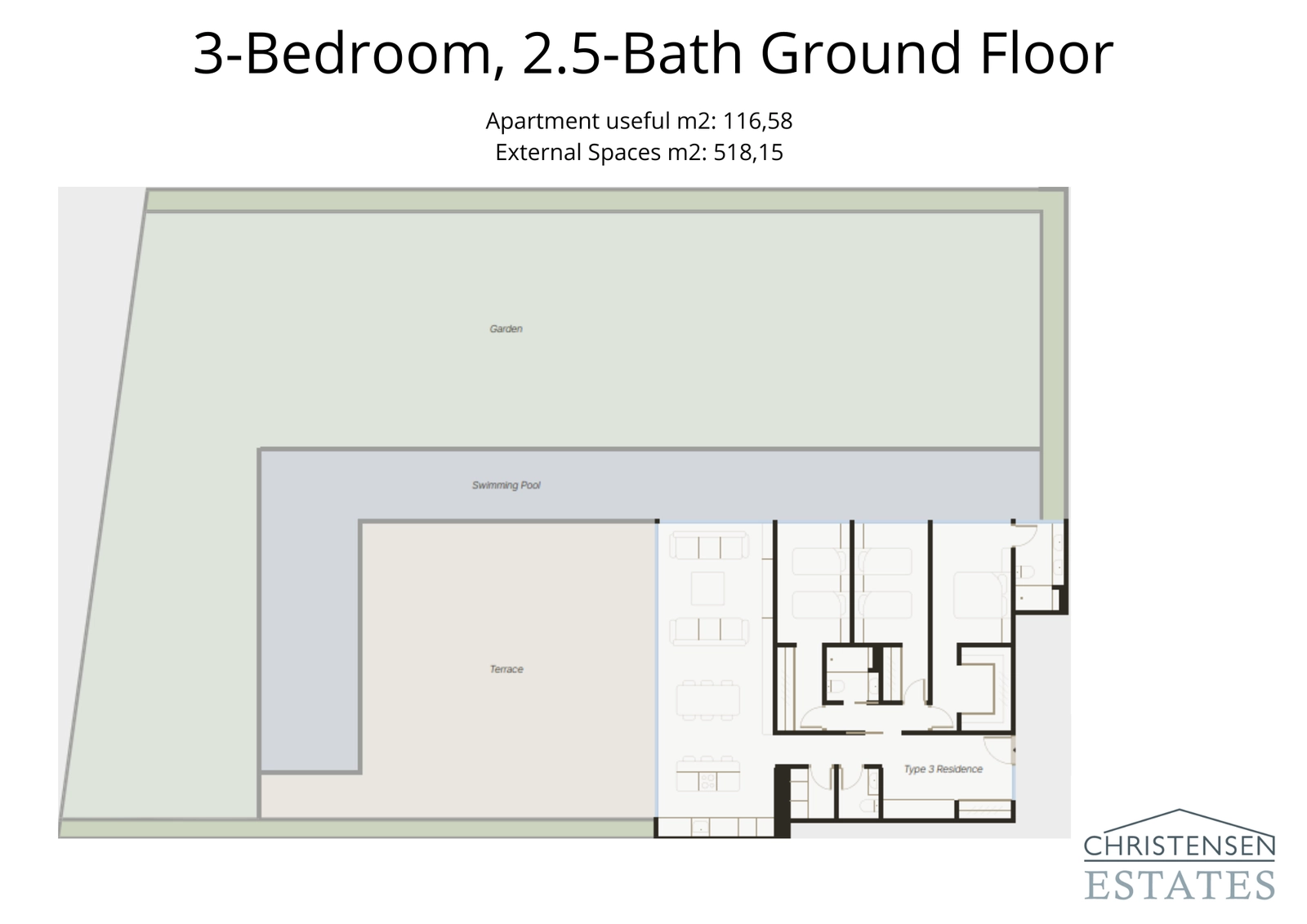 Denne rummelige treværelses stuelejlighed kan prale af en usædvanligt stor privat have og poolområde, perfekt til ultimativt privatliv og underholdning.