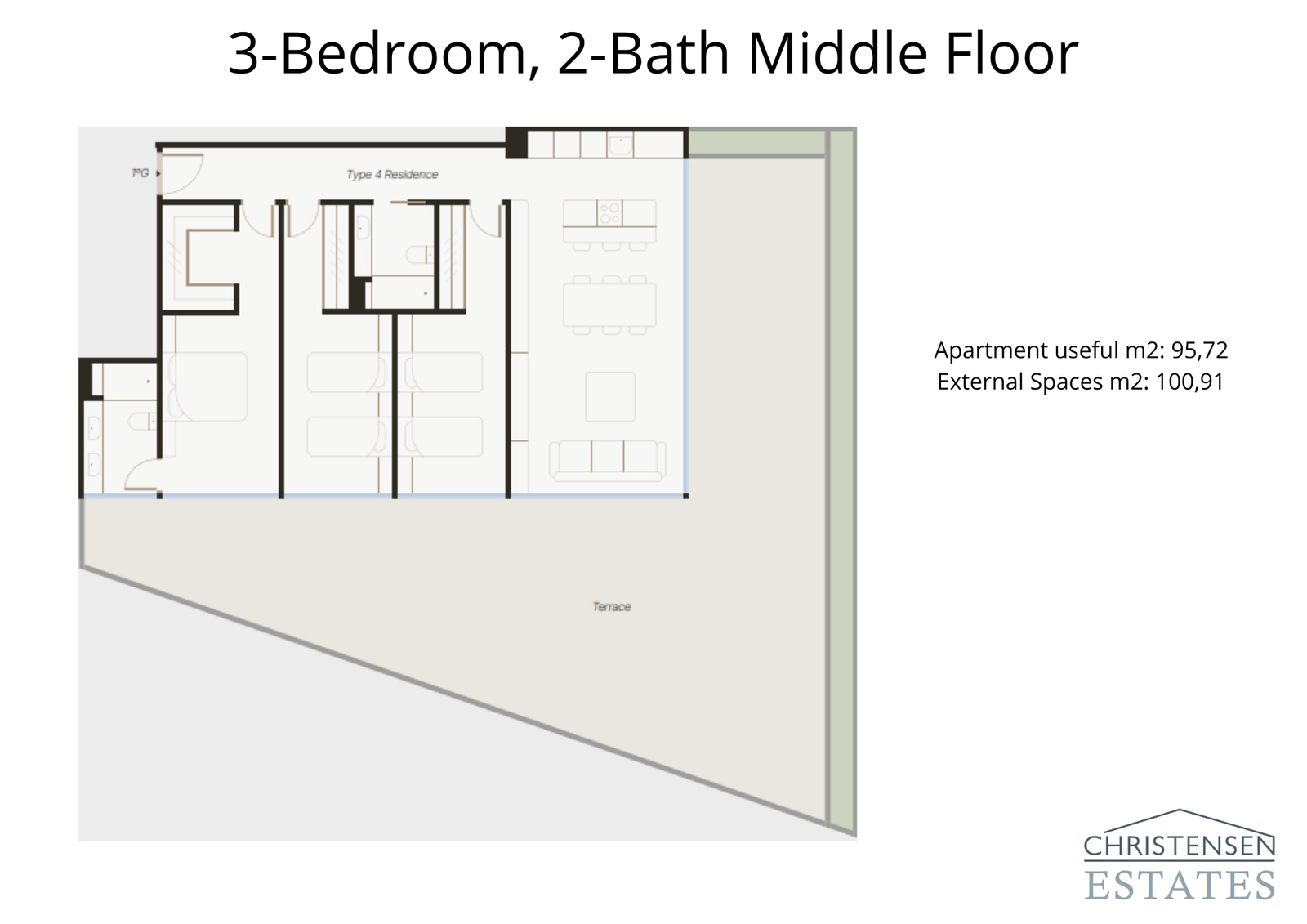 Indretningen for denne treværelses bolig fremhæver åbent planløsning med en generøs hjørneterrasse for at maksimere udsigten og udendørs nydelse.