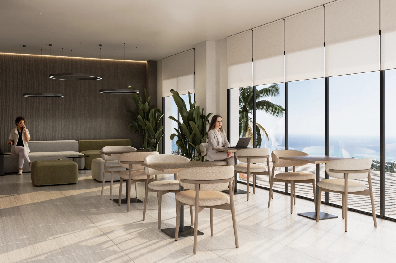 Et moderne co-working space, hvor beboere kan arbejde eller holde møder i professionelle omgivelser.