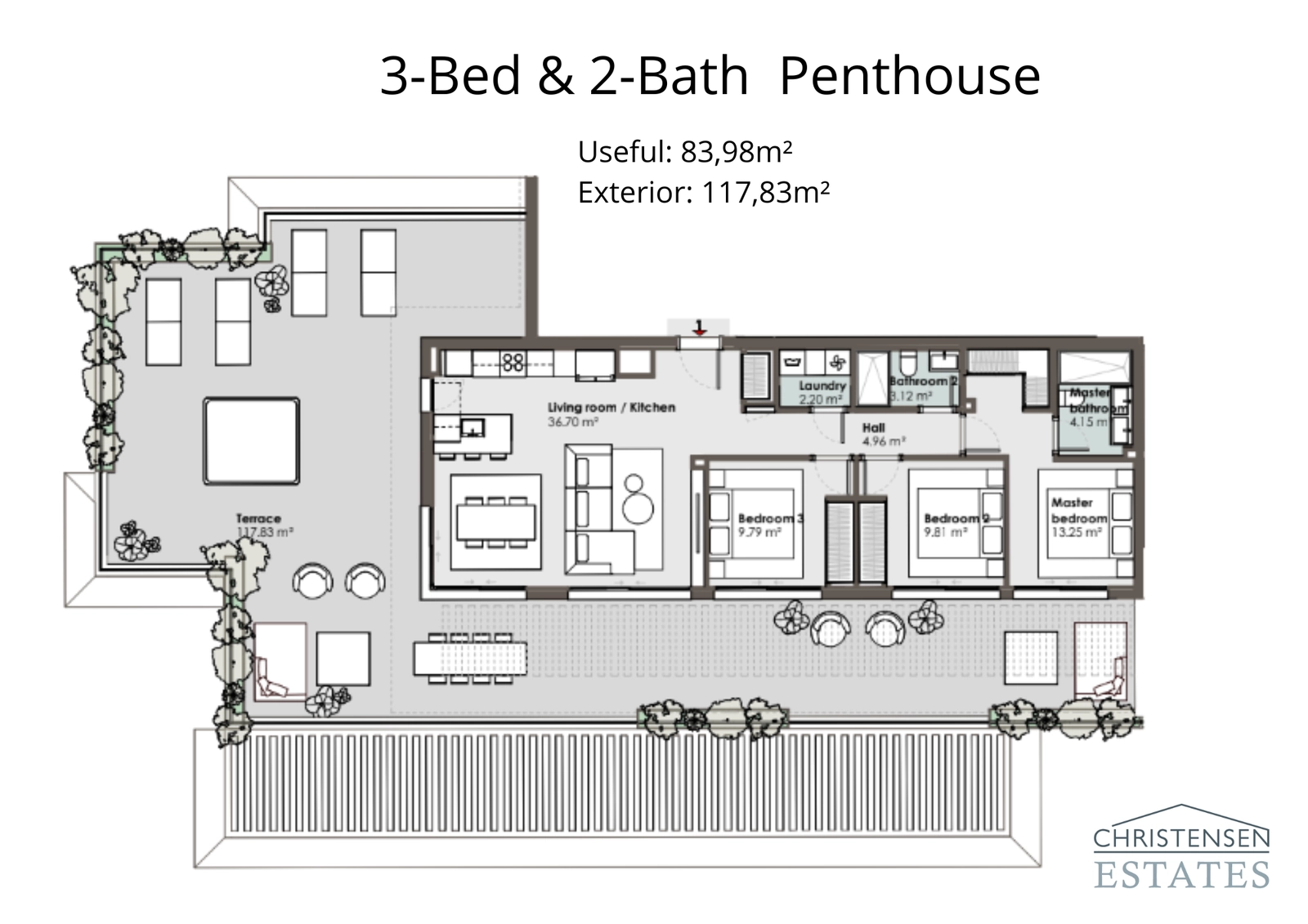 Denne plantegning for penthouse med tre soveværelser viser en rummelig terrasse, der er perfekt til udendørs liv, sømløst forbundet med det lyse opholdsområde.