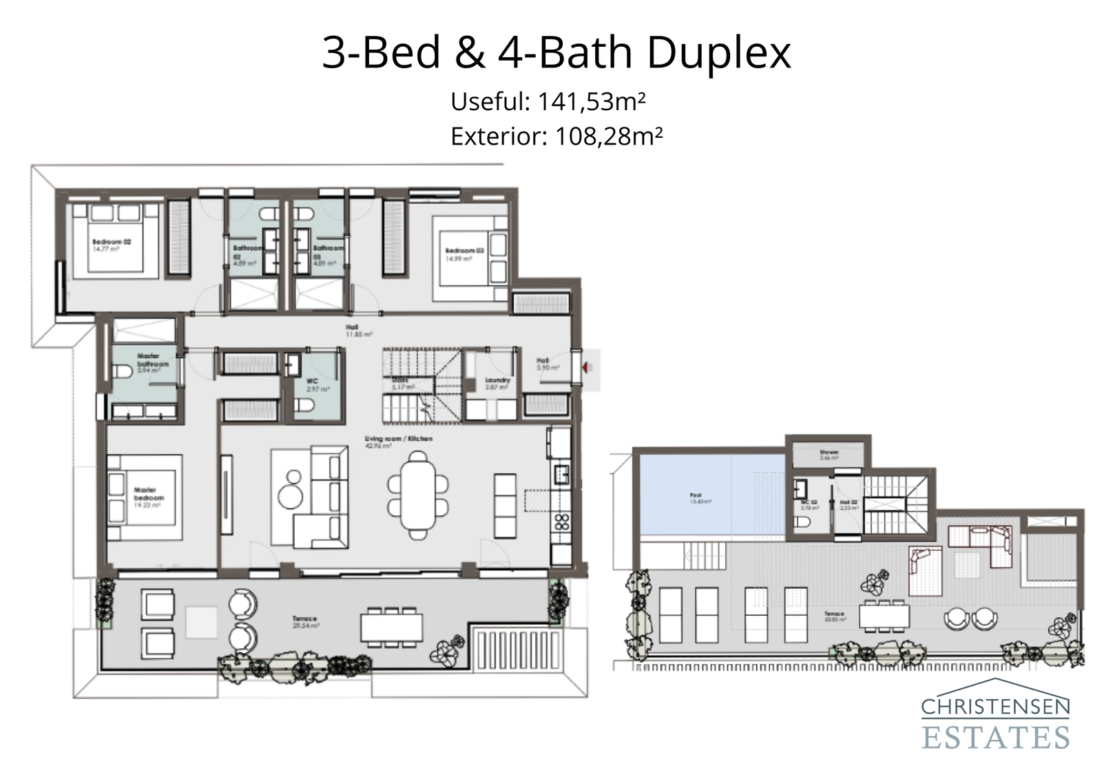 Denne duplex plantegning fremhæver et design i flere niveauer med private soveværelser og en fantastisk tagterrasse med swimmingpool.