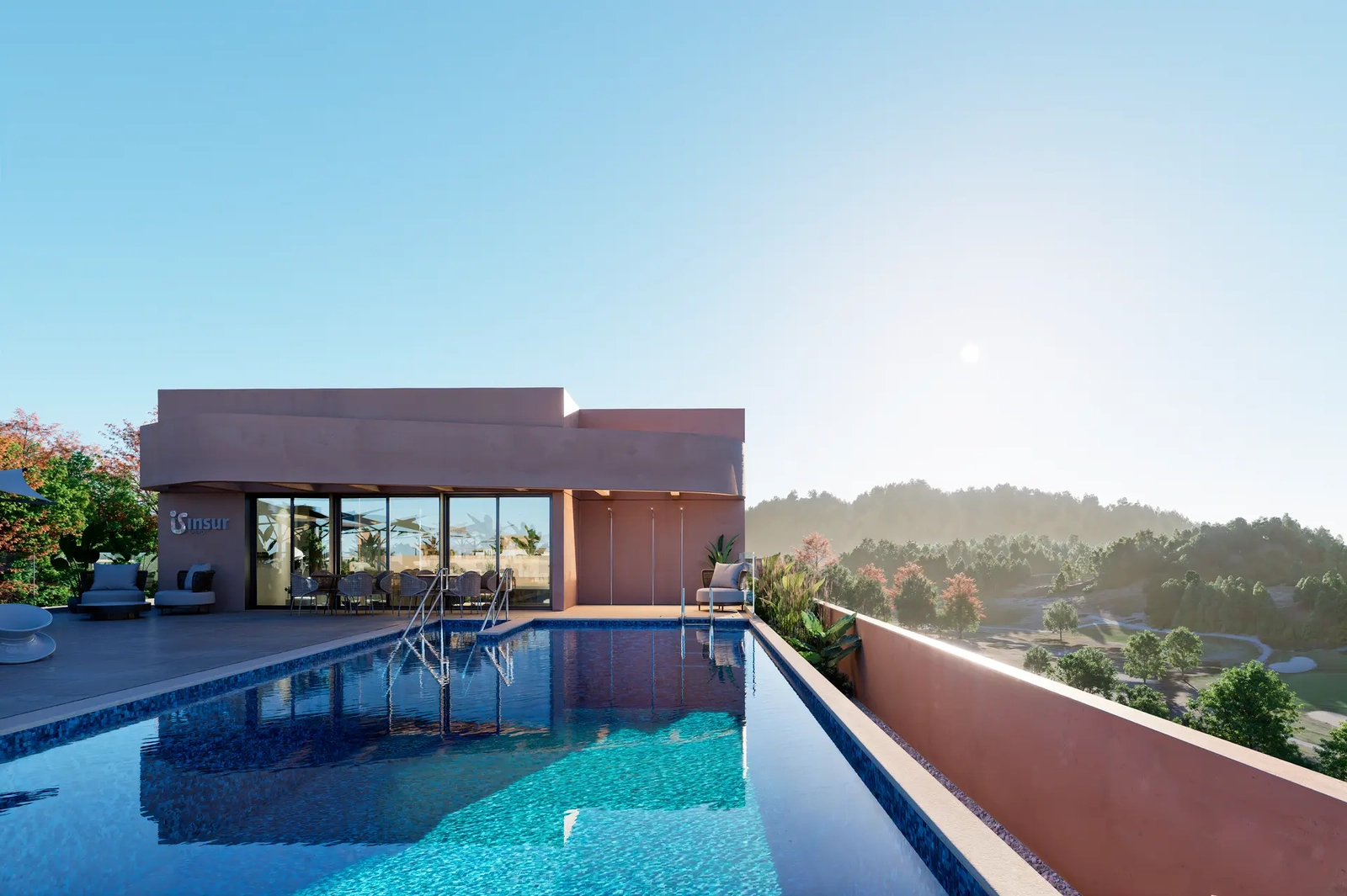 Slap af ved tagterrasse-swimmingpoolen, mens du nyder panoramaudsigten over golfbanen og bakkerne.