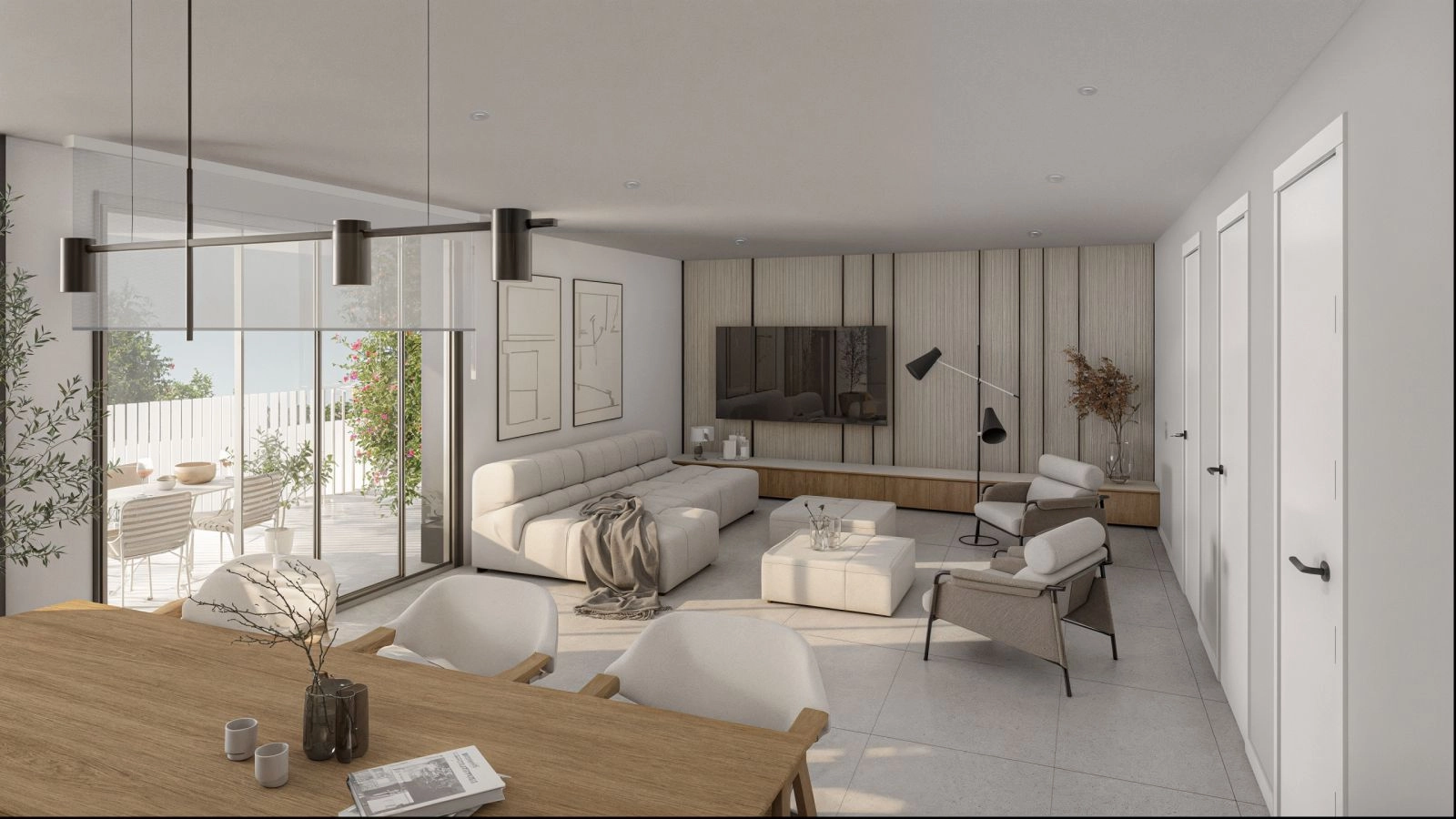 Lyse og rummelige opholdsrum designet til komfort, med en flydende overgang til den private terrasse.