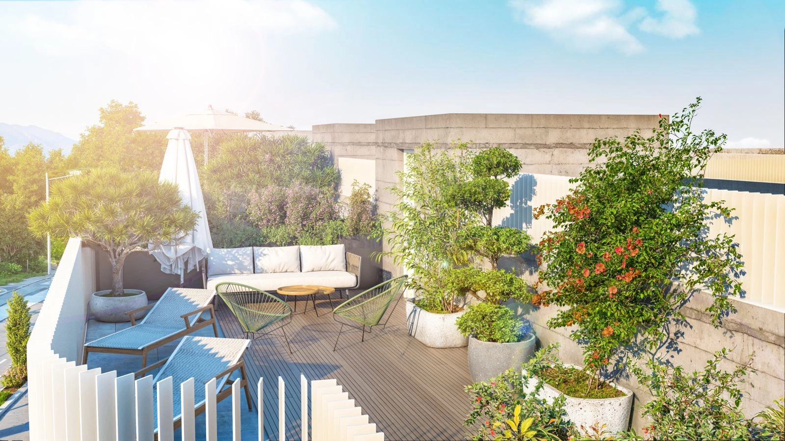 Et privat tagterrasse-solarium, en eksklusiv funktion ved penthouselejlighederne for den ultimative udendørs livsstil.