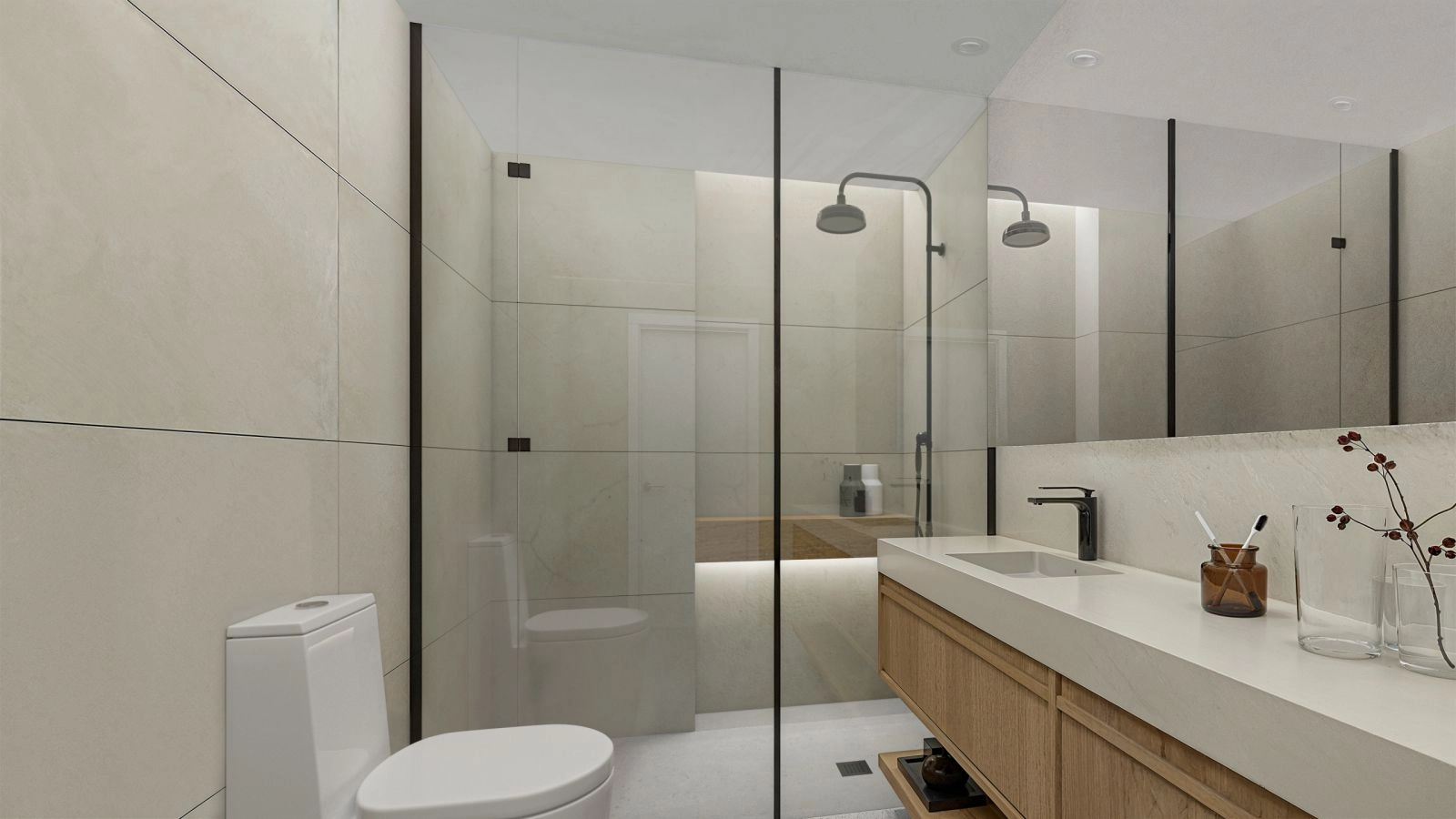 Moderne badeværelser med armaturer af høj kvalitet og et rent, minimalistisk design.