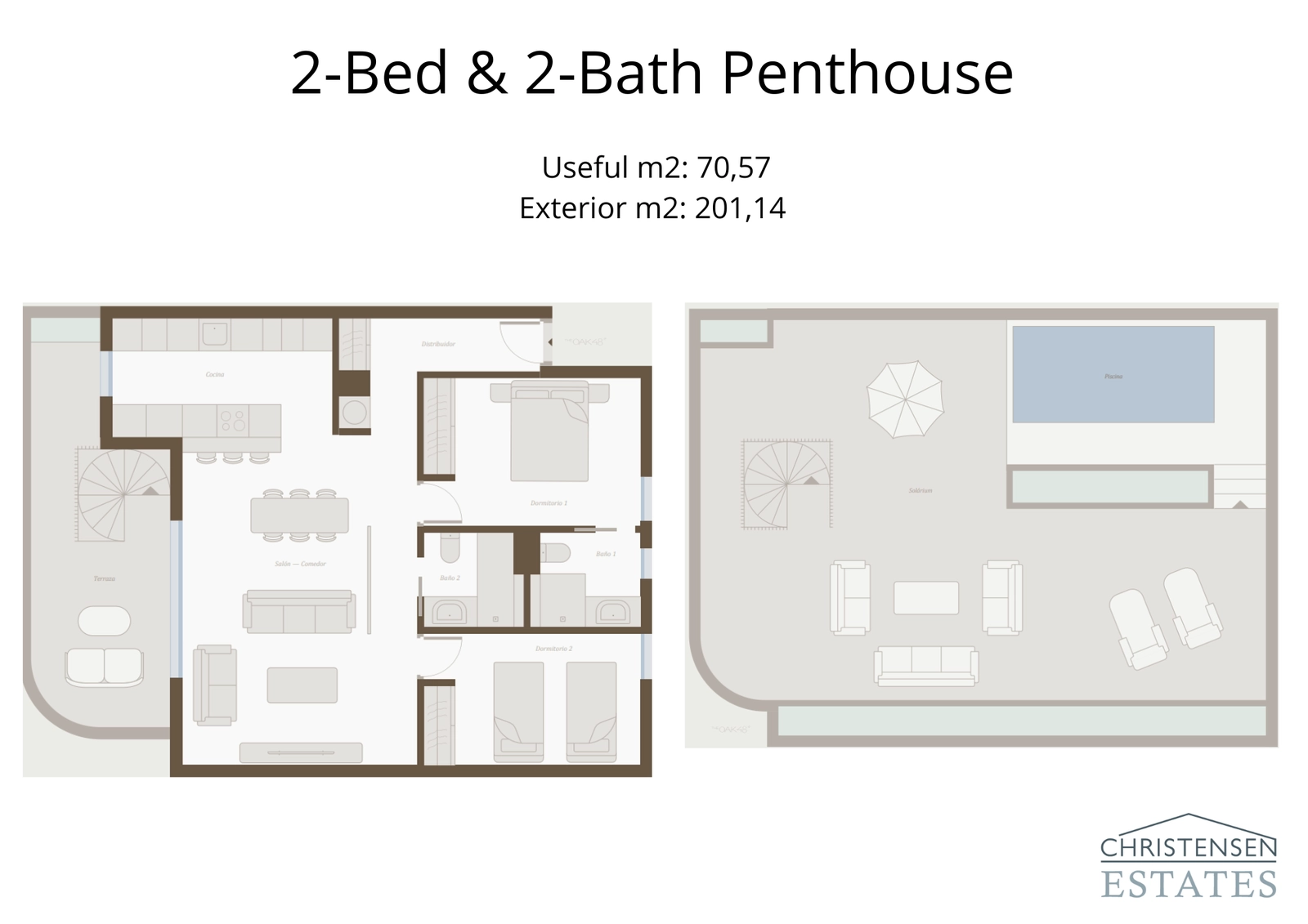 Plantegningen for penthouselejligheden med to soveværelser inkluderer et storslået tagterrasse-solarium med en privat swimmingpool, der tilbyder en eksklusiv livsstil.