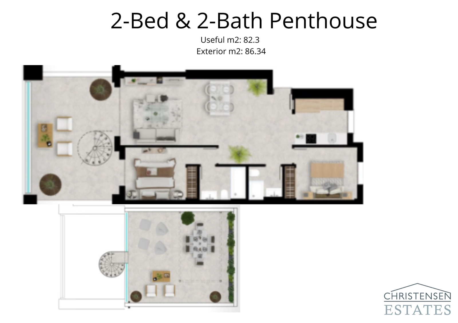 Et elegant to-værelses penthouse-design med et storslået solarium på taget til privat udendørs liv og underholdning.