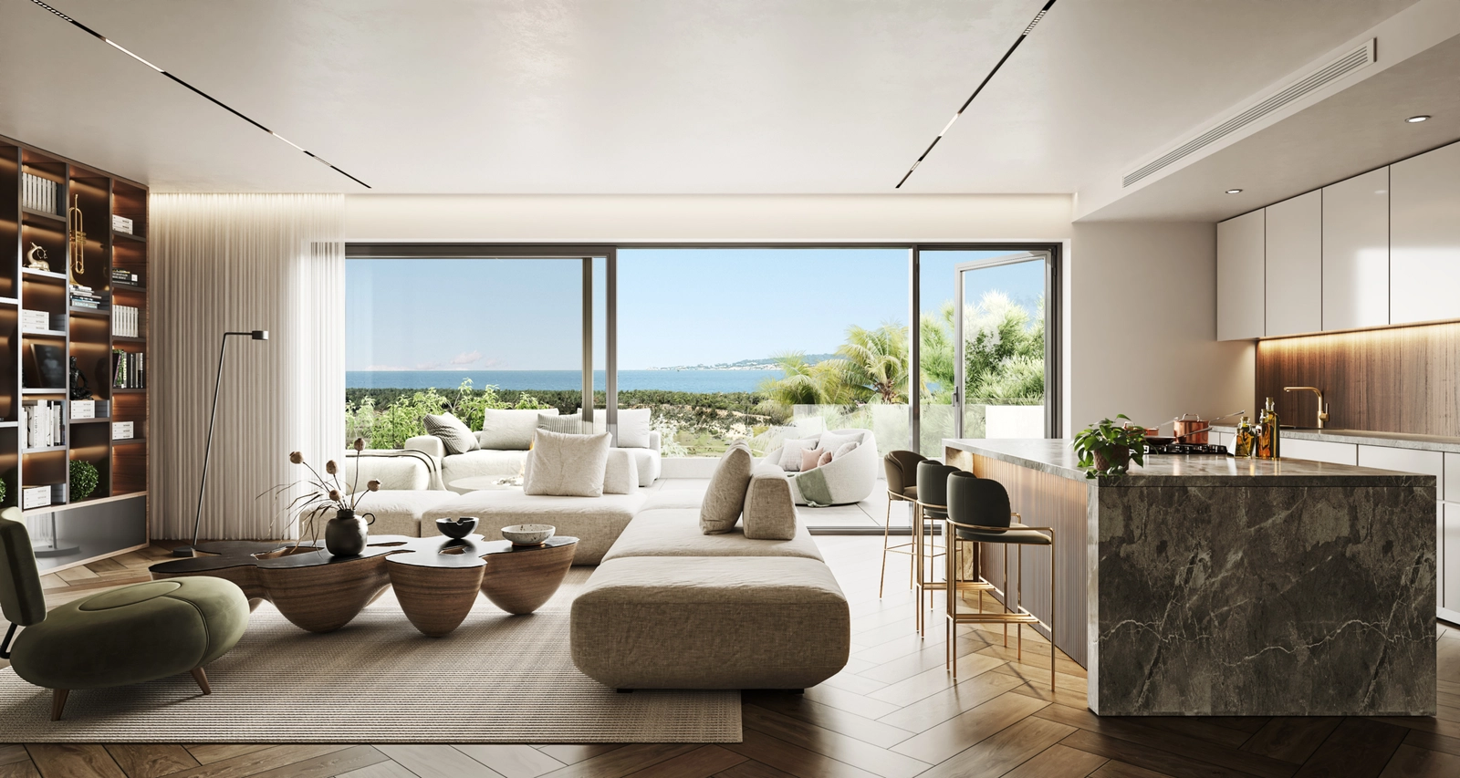 En luftfoto, der viser udviklingens privilegerede beliggenhed, indlejret mellem grønne golfbaner og det blå hav.