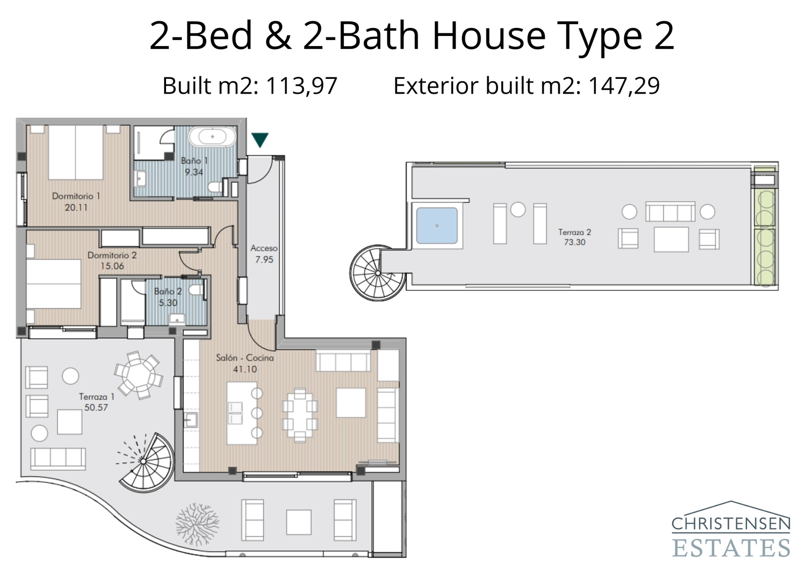 En intelligent designet to-værelses lejlighed med en stor terrasse, der udvider opholdsrummet udad.