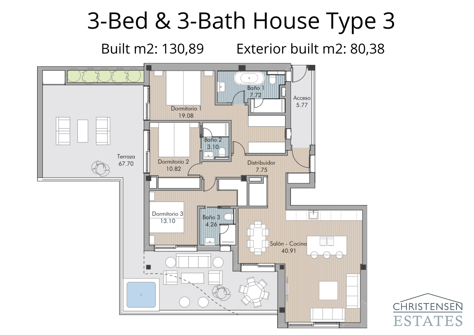 En rummelig tre-værelses lejlighedsindretning, der viser generøse opholdsområder og en stor terrasse til at nyde klimaet.