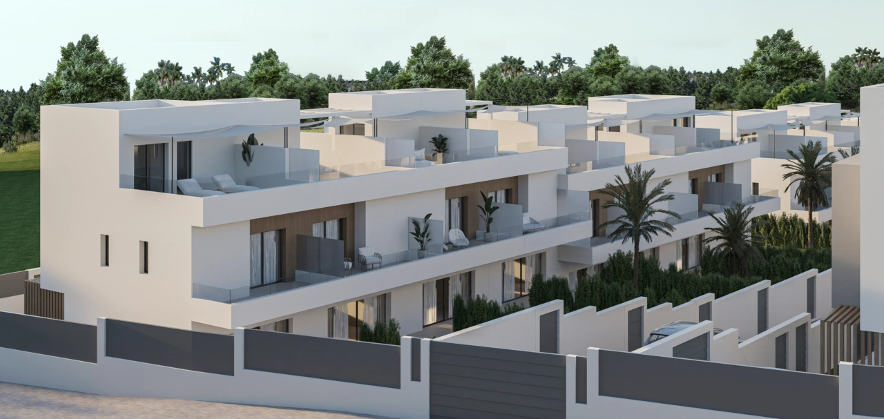 En udsigt over den elegante udendørs arkitektur og private terrasser.