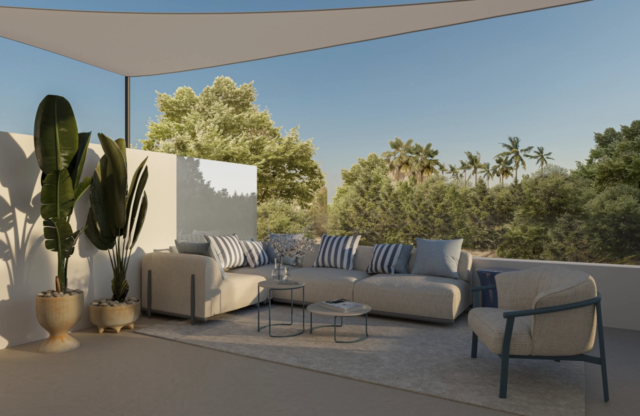 En rummelig terrasse designet til komfortabelt udeliv og nydelse af det behagelige klima.