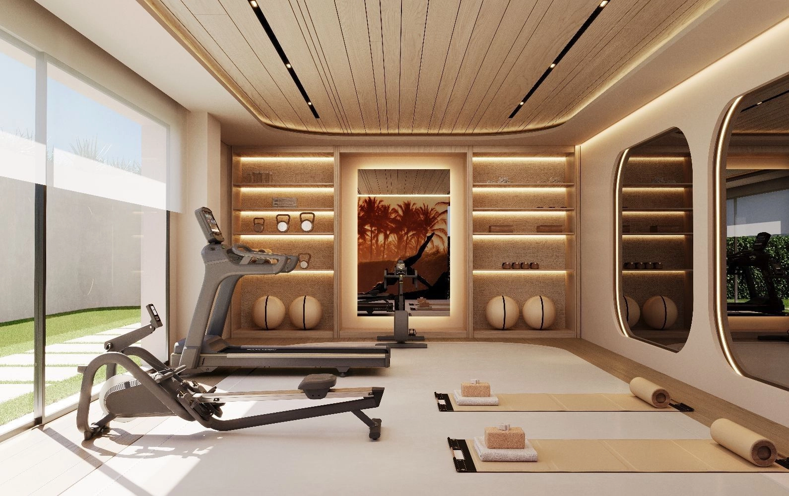 Det topmoderne, fuldt udstyrede fitnessrum muliggør en komplet træning i et smukt designet rum.