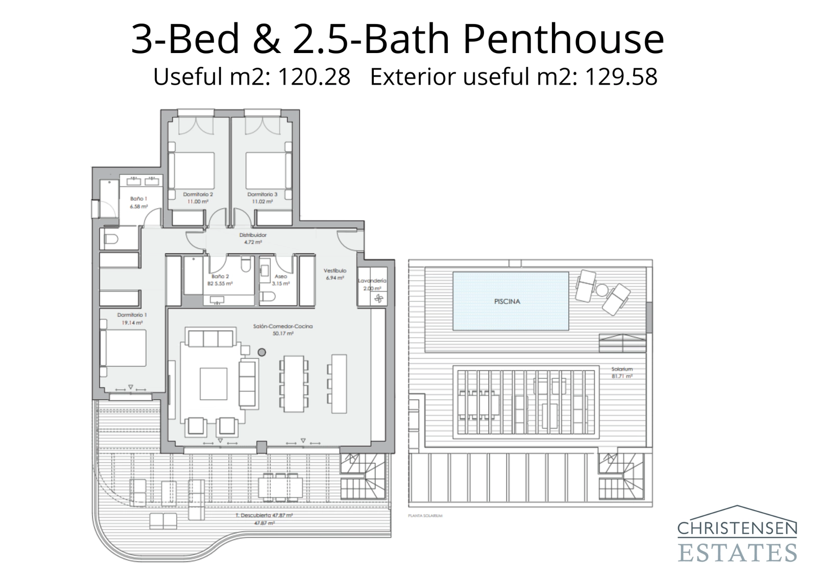 Indretningen for denne penthouse med tre soveværelser afslører et design i to niveauer med et omfattende tagterrasse-solarium og privat pool.