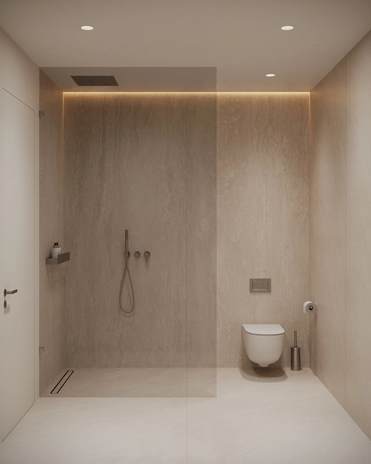 Et uberørt badeværelse komplet med walk-in bruser og minimalistiske armaturer af høj kvalitet.