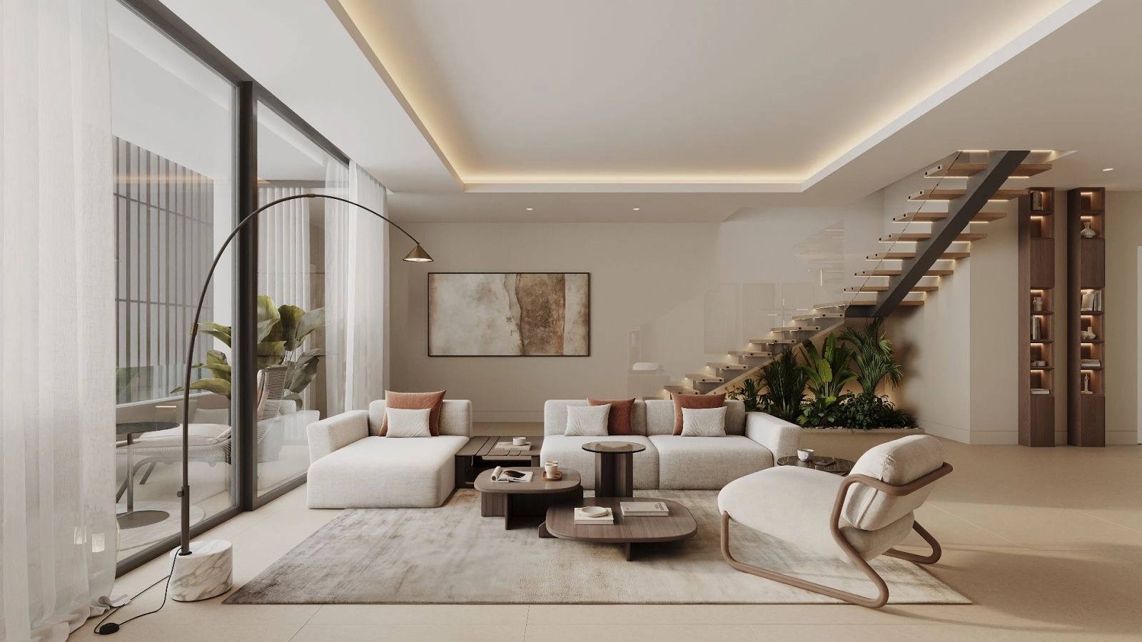 Lyse og åbne opholdsrum fyldt med naturligt lys, med et moderne, elegant design.