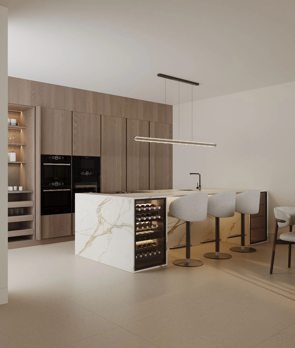 Gourmetkøkkenet er udstyret med avancerede hårde hvidevarer og en smuk marmorø med vinkøleskab.