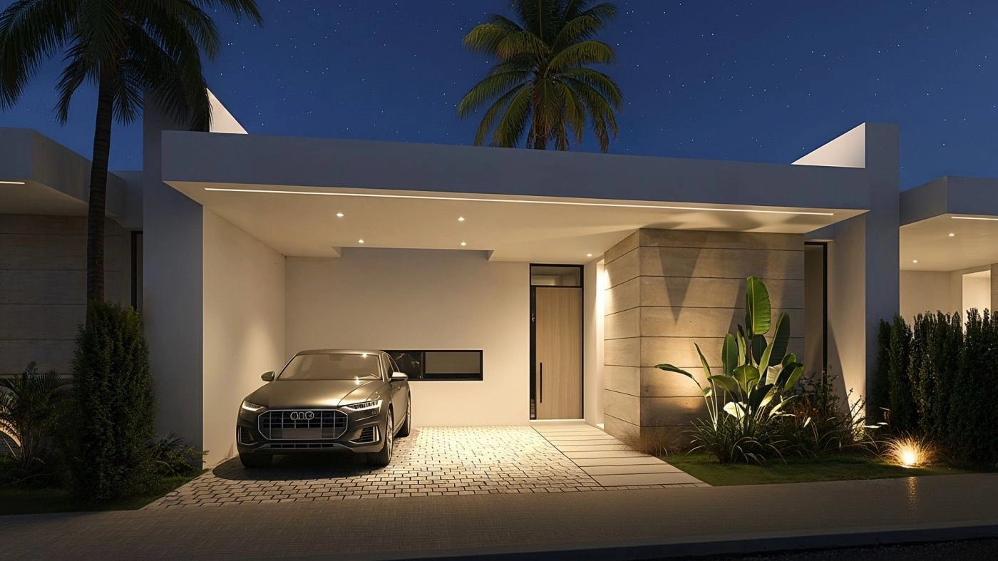 En sofistikeret indgang om natten, med omhyggeligt designet belysning, der skaber en varm og imponerende velkomst.