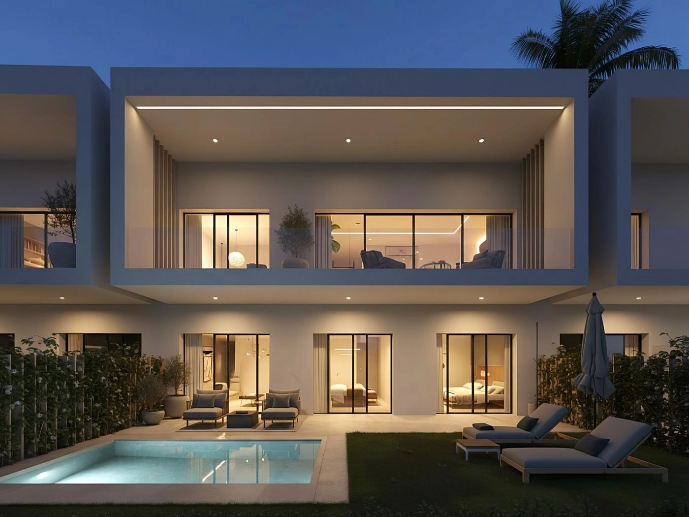 Villaens eksteriør om natten, der fremhæver arkitekturens rene linjer og den private pools indbydende glød.