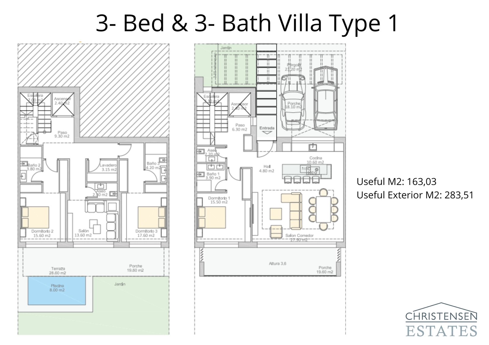 Denne villa-indretning viser en intelligent brug af plads, hvilket skaber en problemfri overgang mellem indendørs rum og den udendørs terrasse og have.