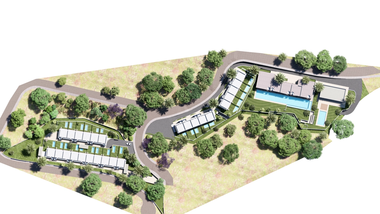 En omfattende masterplan, der illustrerer bebyggelsens gennemtænkte layout, dens grønne områder og fællesfaciliteter.