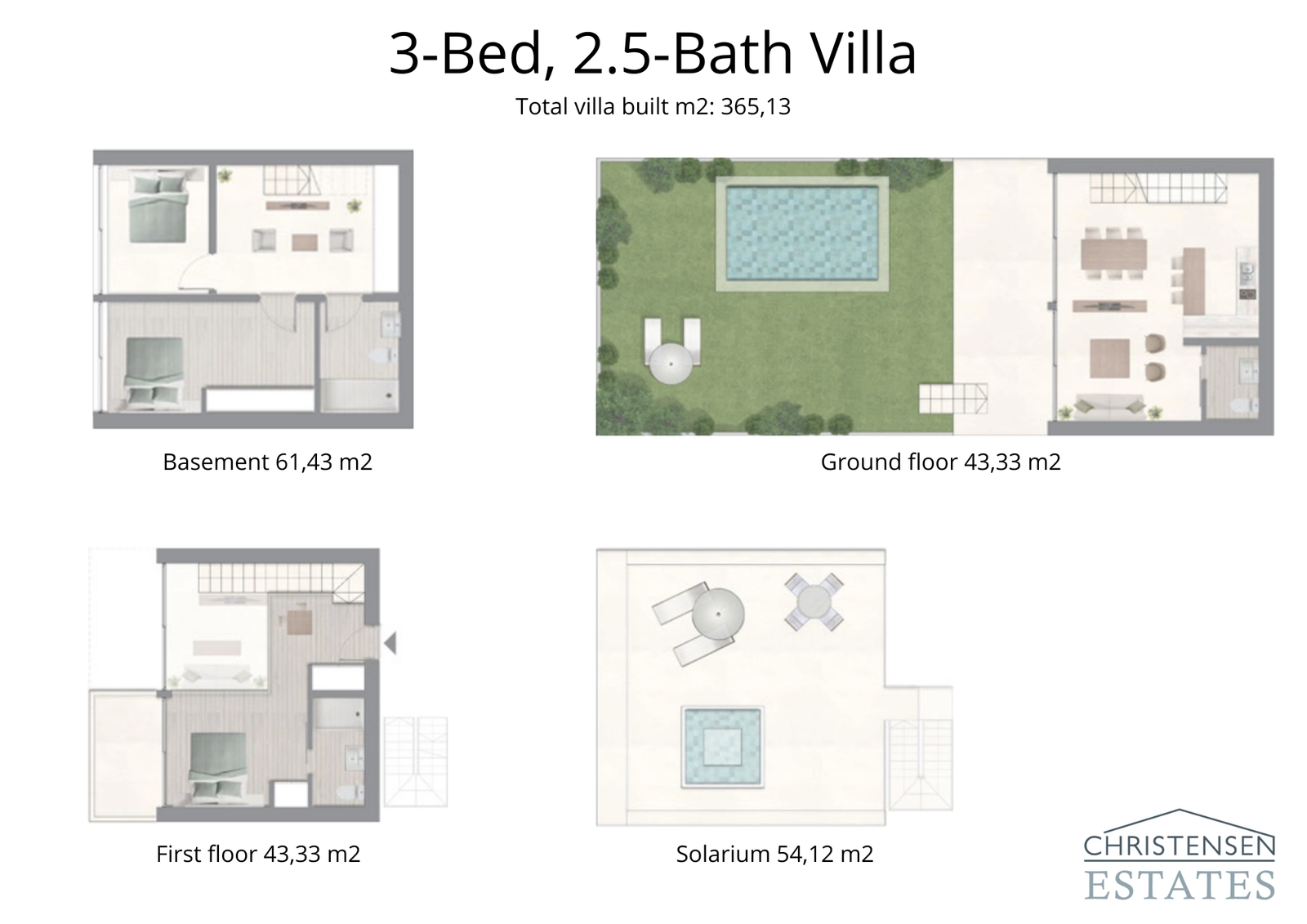 Denne 3-værelses villas layout i fire niveauer tilbyder rigelig plads, privatliv og en privat have med swimmingpool.