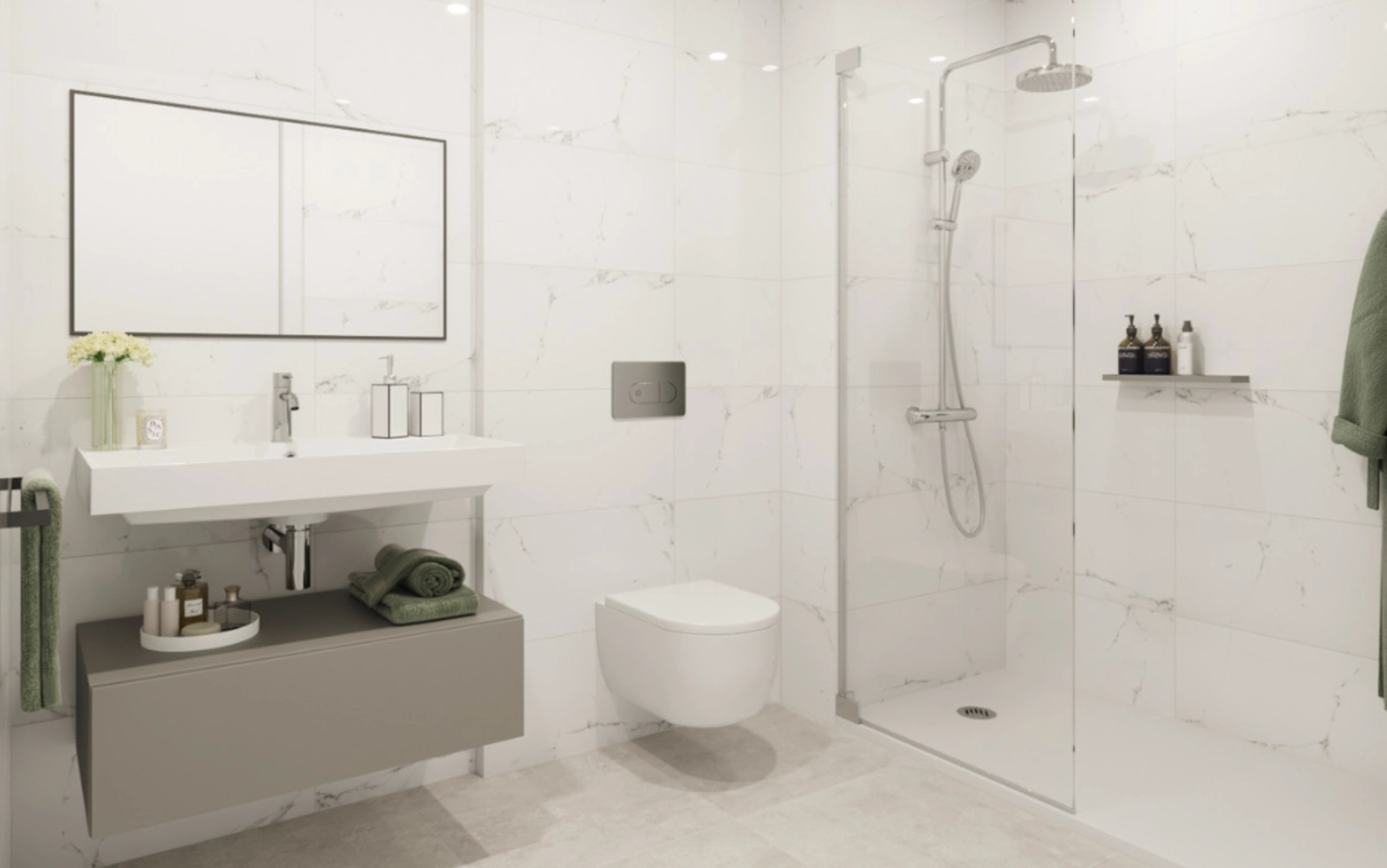 Et elegant og moderne badeværelse med finish af høj kvalitet og et rummeligt brusehjørne.