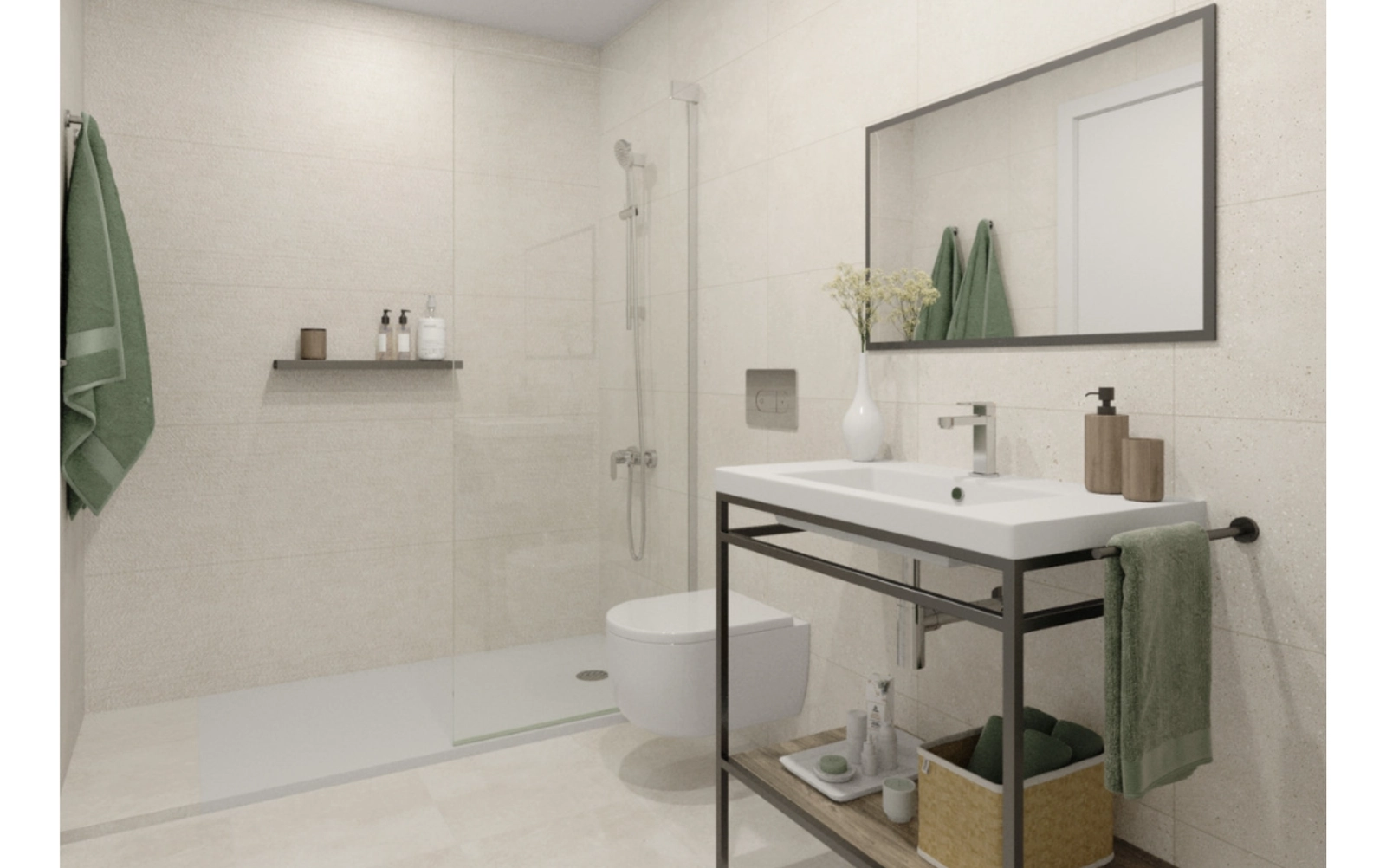 Nutidigt badeværelsesdesign med elegante armaturer og rene linjer for en spa-lignende følelse.
