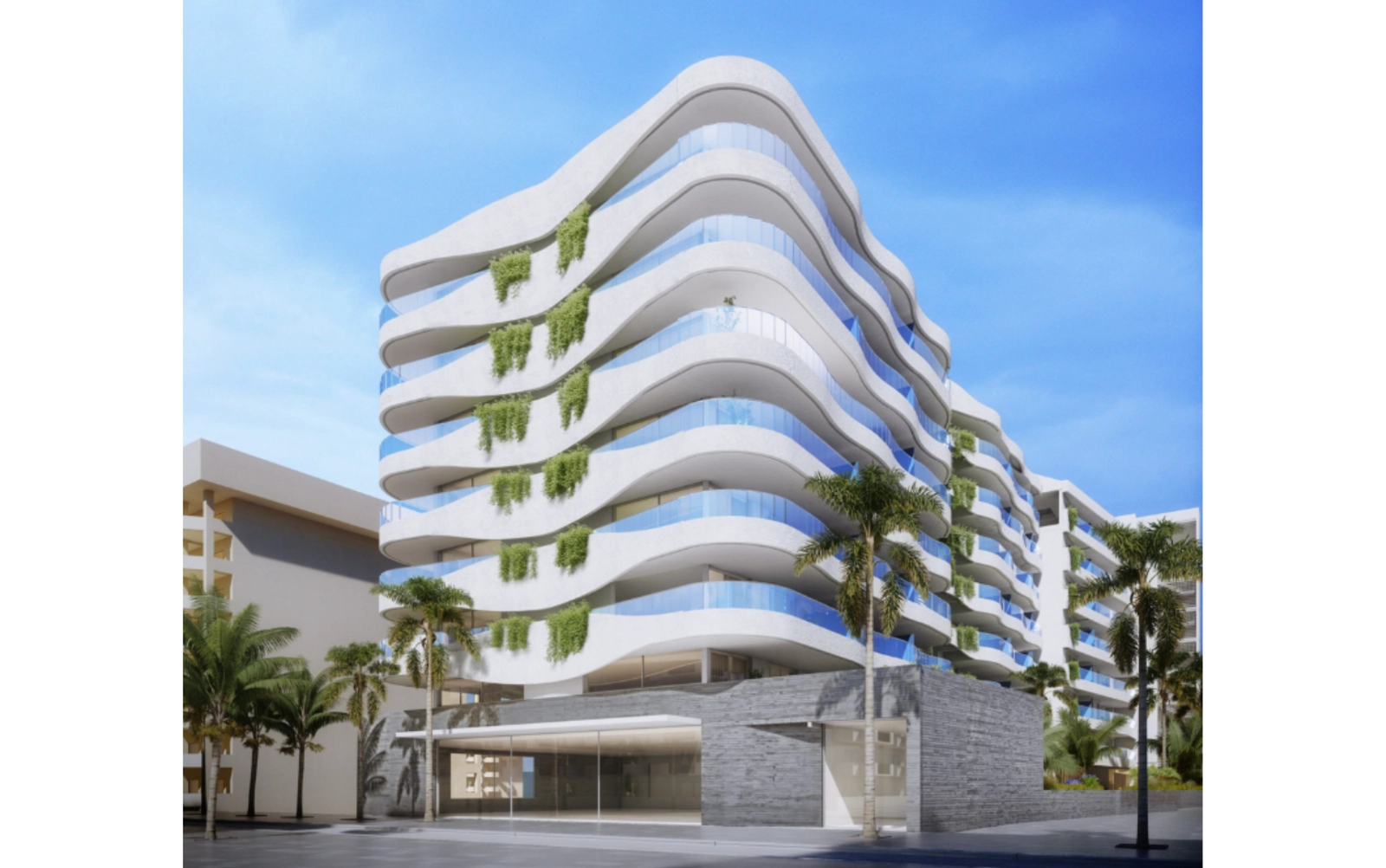 Bygningens imponerende moderne design set fra gadeplan.