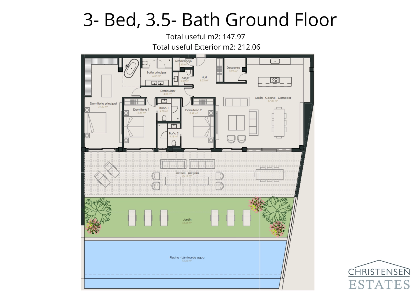 Denne tre-værelses bolig i stueetagen forbinder rummelige interiører med en generøs terrasse, privat have og swimmingpool.