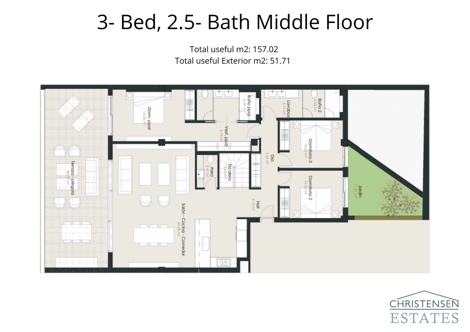 Rummeligt tre-værelses layout med en stor, overdækket terrasse, der udvider opholdsrummet udad. Ideel til familieliv.