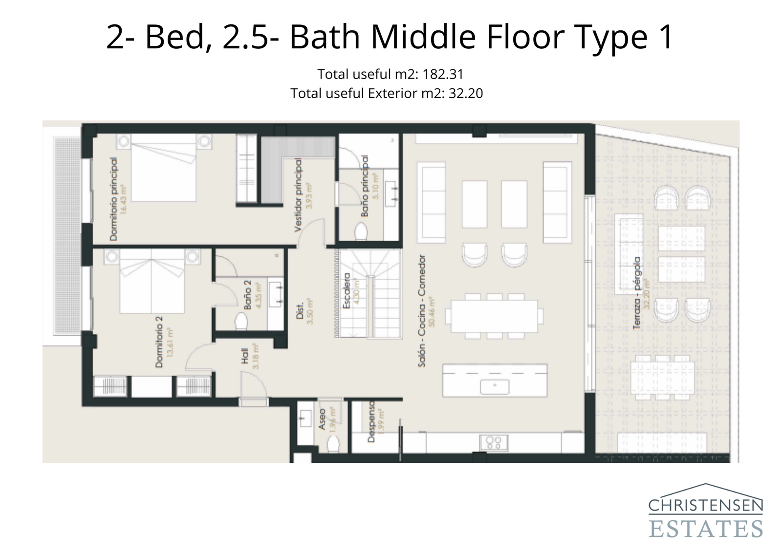 Dette to-værelses lejligheds layout tilbyder et generøst åbent opholdsområde, der fører ud til en rummelig terrasse, perfekt til underholdning.