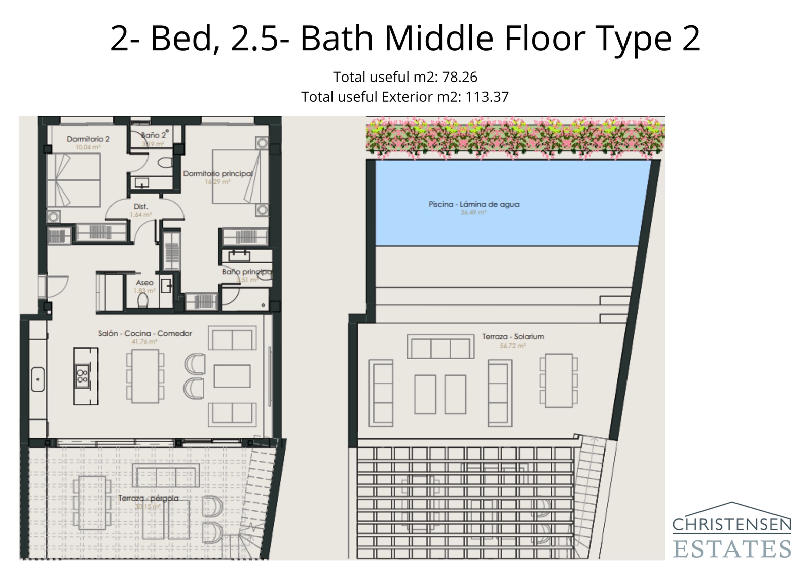 En gennemtænkt to-værelses bolig med et stort tagterrasse-solarium og privat swimmingpool for ultimativ afslapning.