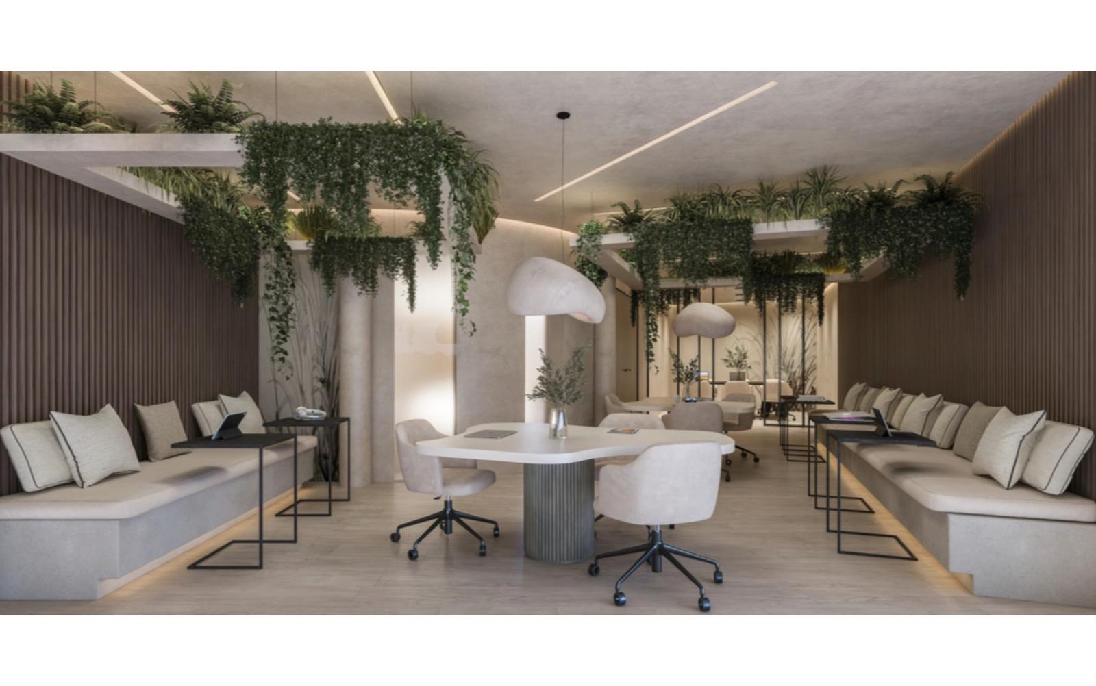Et moderne co-working-område giver beboerne mulighed for at arbejde eller mødes i professionelle omgivelser.