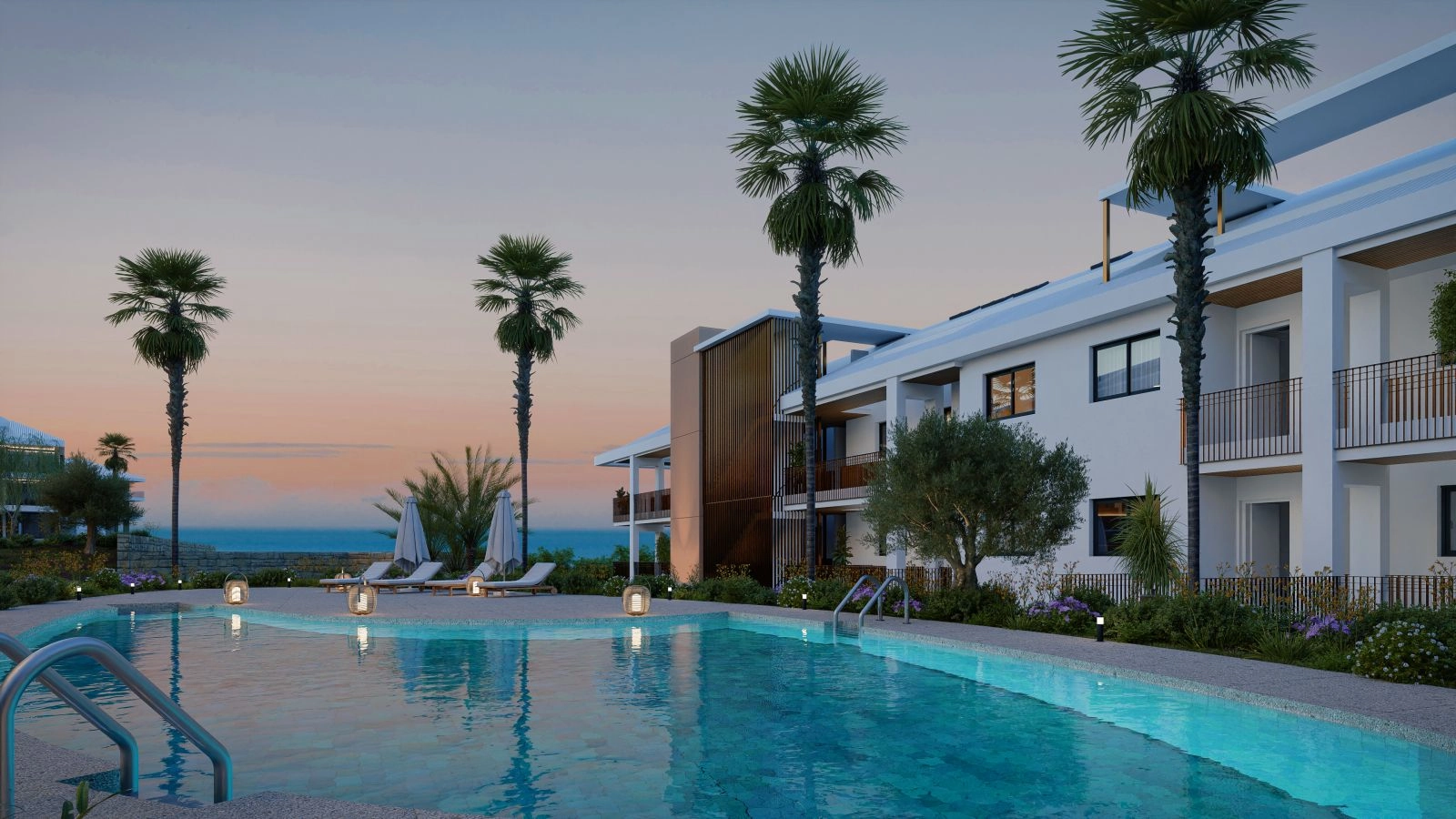 Fælles swimmingpoolområde ved skumringstid, et perfekt sted at slappe af og nyde solnedgangen.