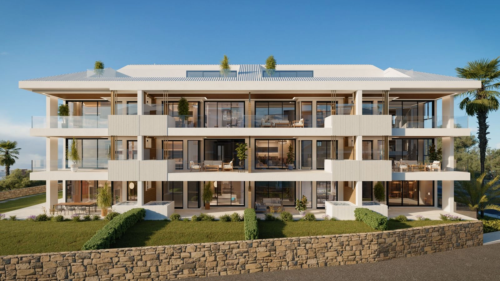 Udviklingens moderne arkitektur, designet til at maksimere udsigten og naturligt lys.