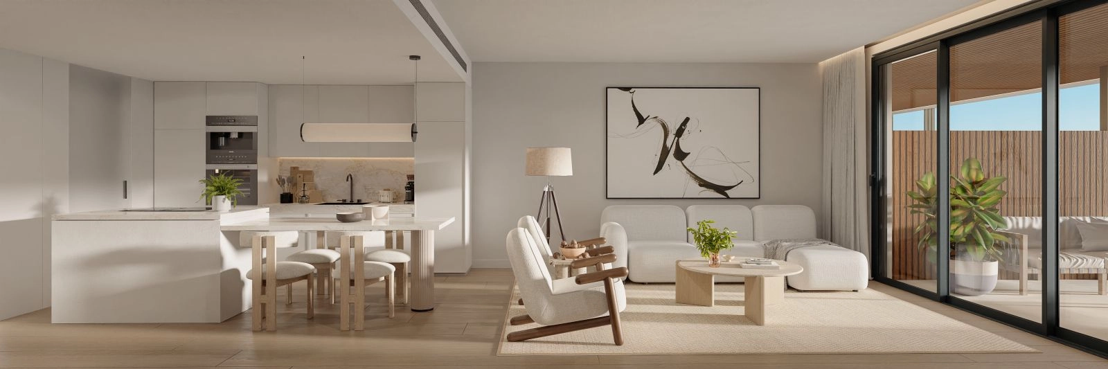 Et fuldt udstyret, moderne køkken med hvidevarer af høj kvalitet og elegant design.