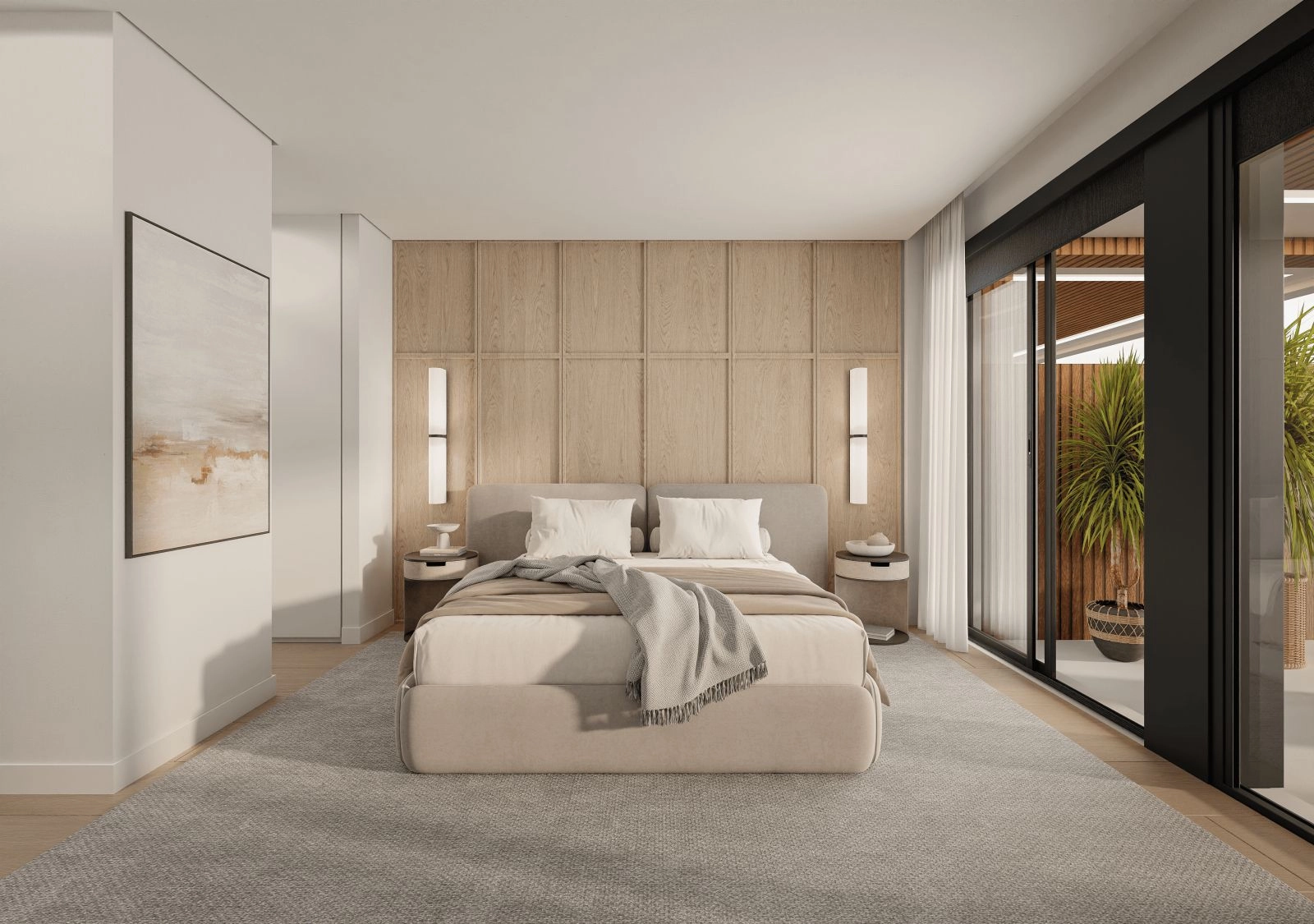 Den rolige master suite giver direkte adgang til udendørs terrasse og udsigt.