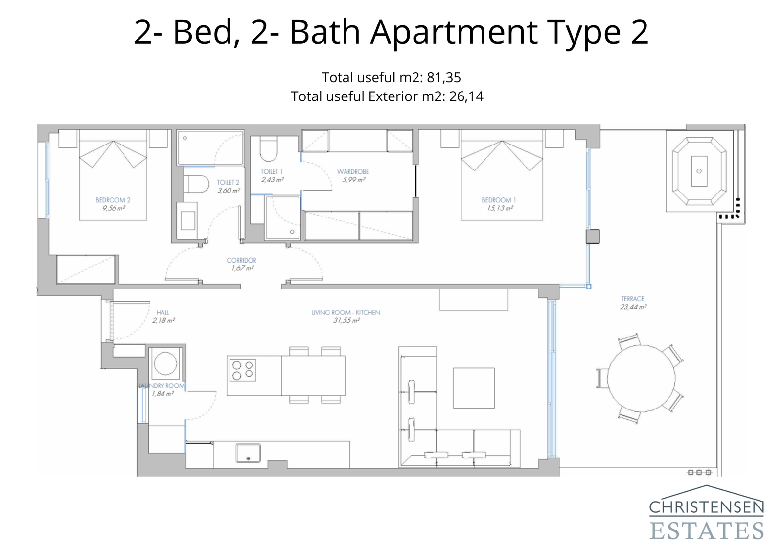 Et alternativt toværelses lejlighedsdesign, der viser effektiv udnyttelse af pladsen og en privat terrasse til at nyde udsigten.