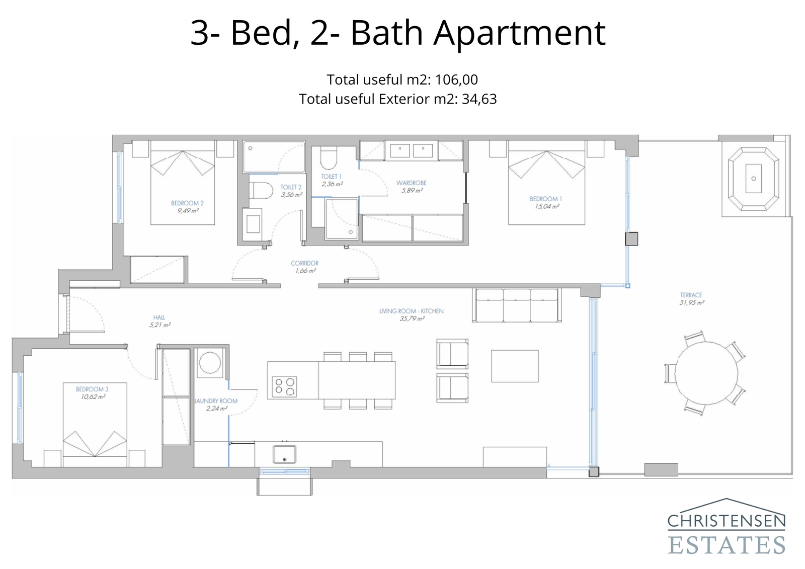 Generøs treværelses plantegning designet til familieliv, med problemfri flow mellem opholdsrum og udendørsarealer.