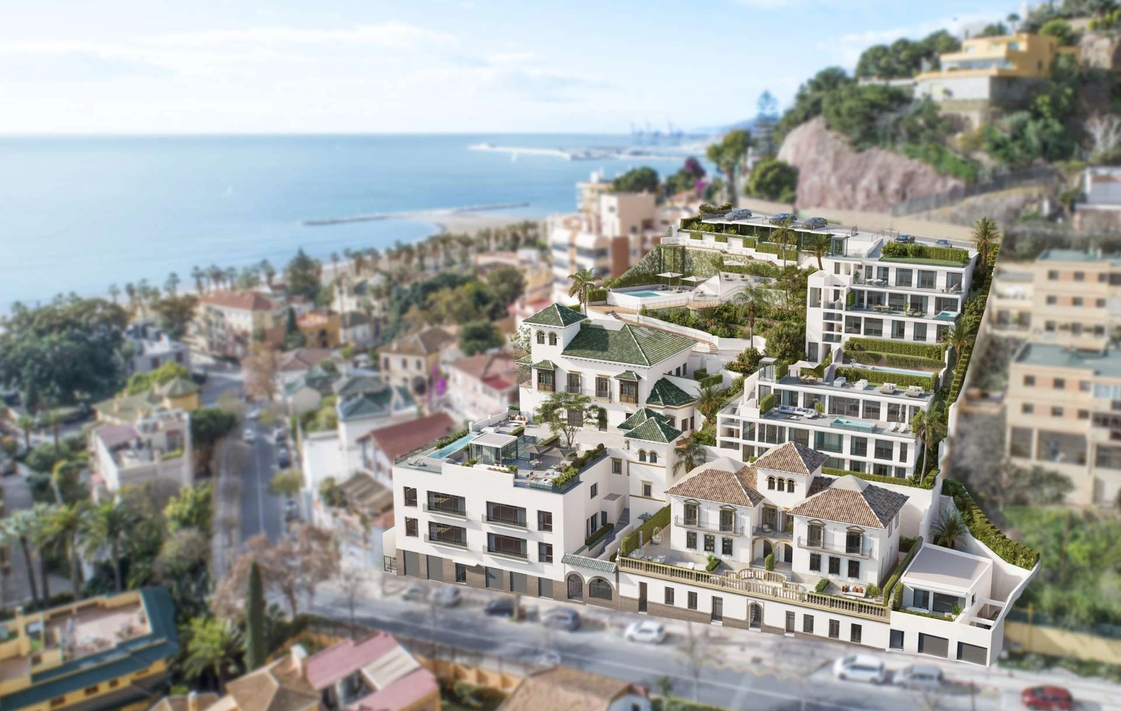 En udvendig udsigt over bebyggelsen, der viser integrationen af moderne og historisk arkitektur.