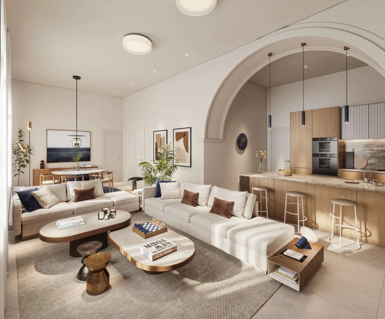 Rummelige åbne opholdsrum er designet til komfort og kombinerer moderne design med klassiske arkitektoniske detaljer.