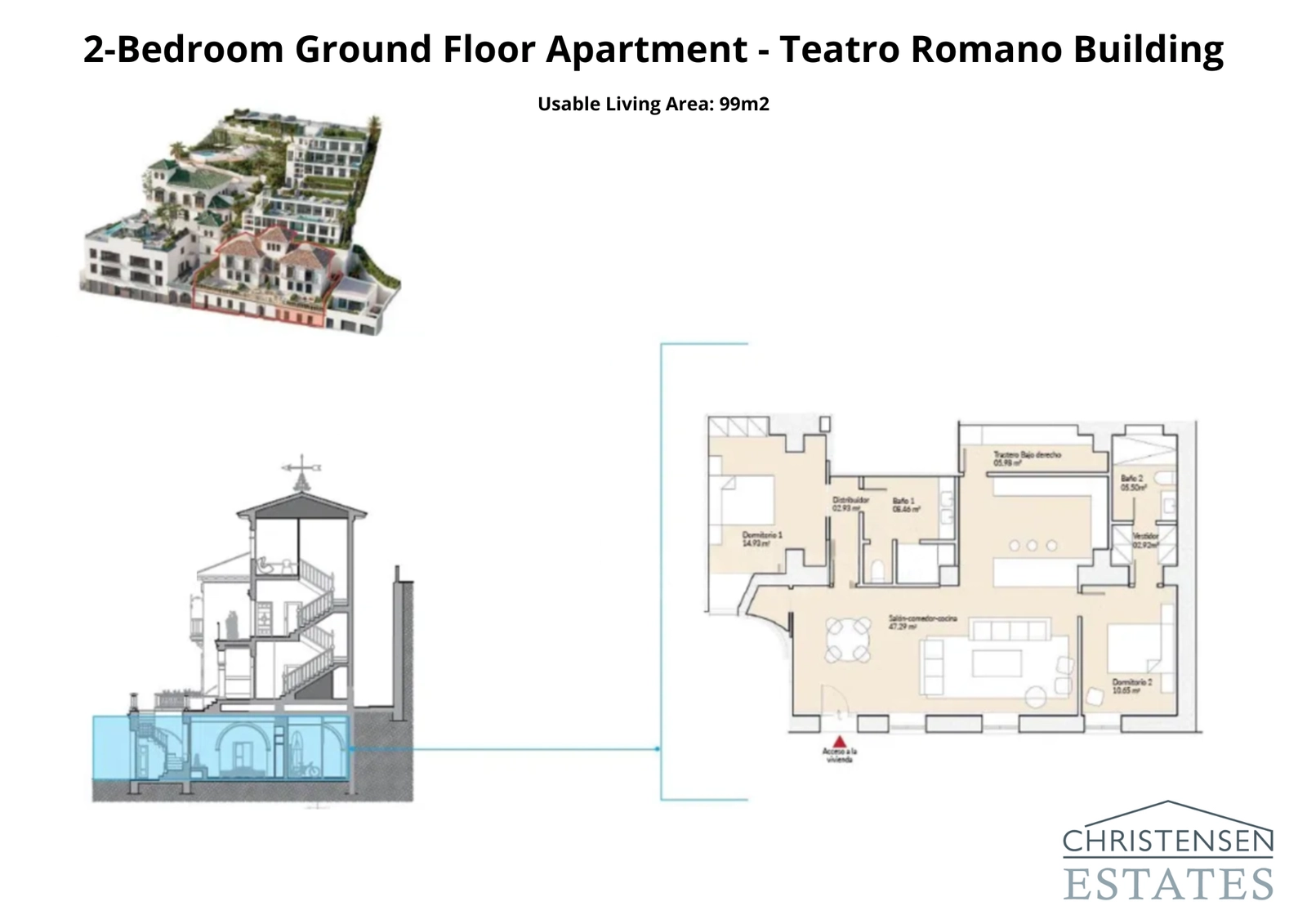 Denne to-værelses stueetages lejlighed i Teatro Romano-bygningen byder på rummeligt interiør og nem adgang til en privat terrasse.