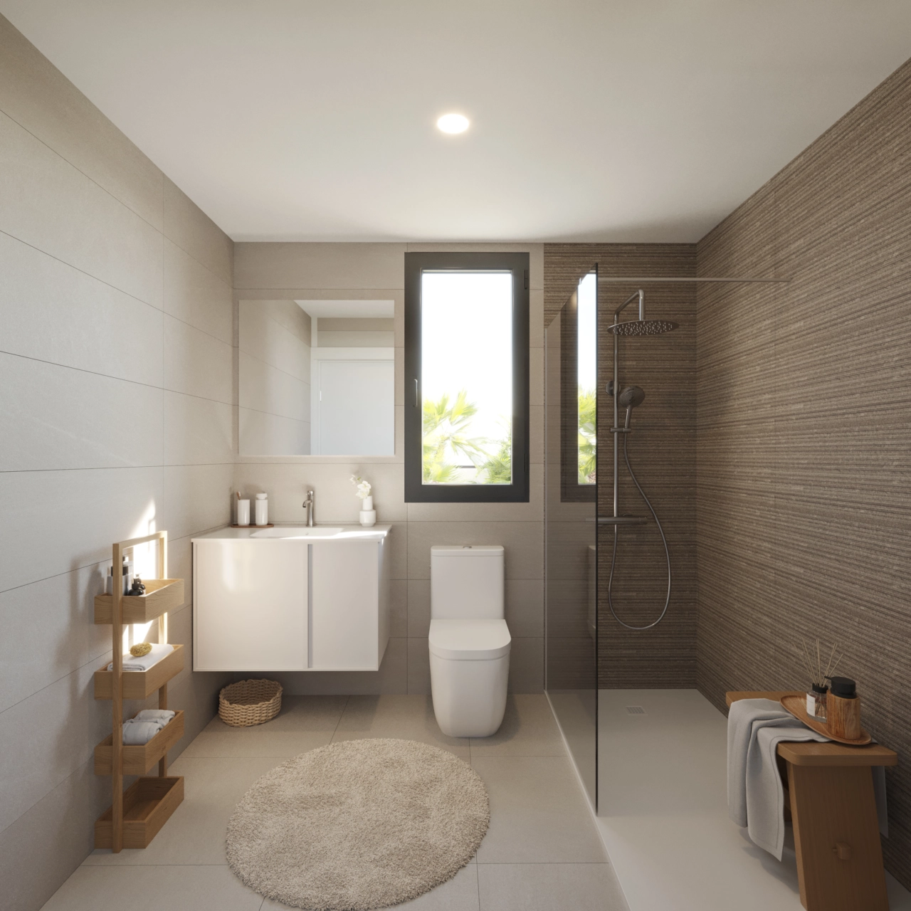 Elegant hovedbadeværelse med premium armaturer og et rent, moderne design.