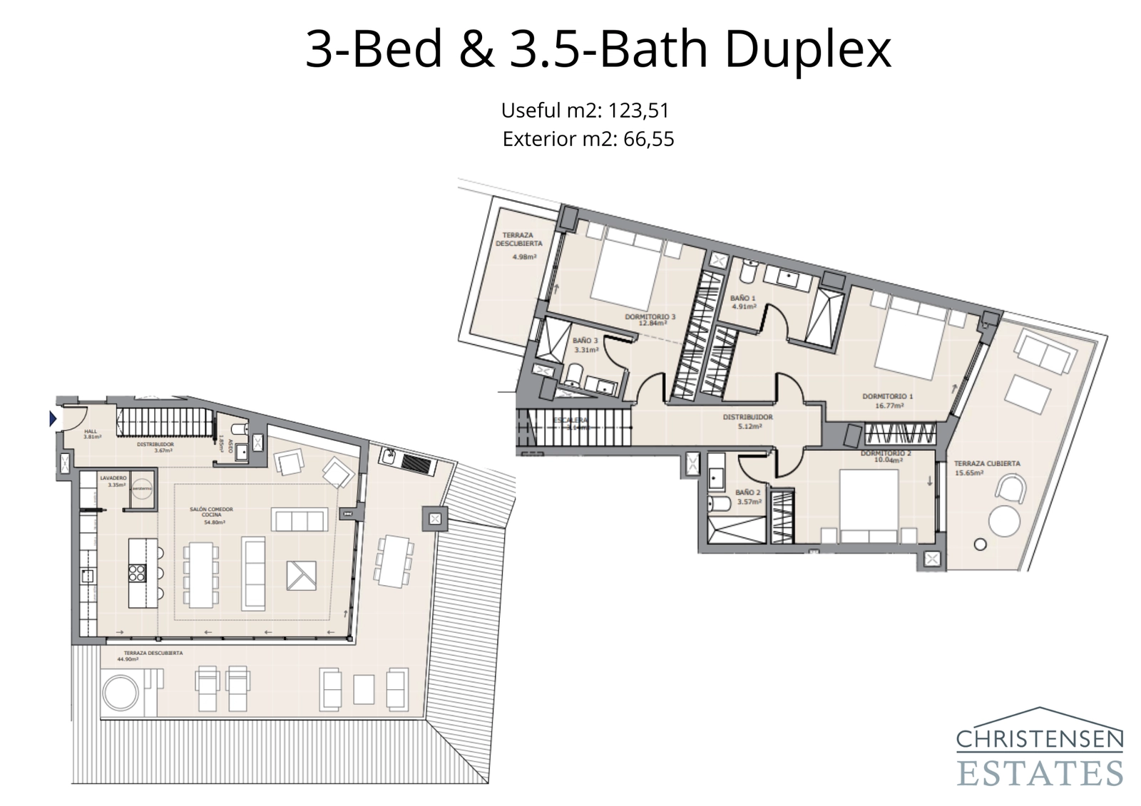 Duplex-penthouse plantegningen viser en luksuriøs boligoplevelse i to etager, der adskiller fællesområder fra private soveværelser for ultimativ komfort.