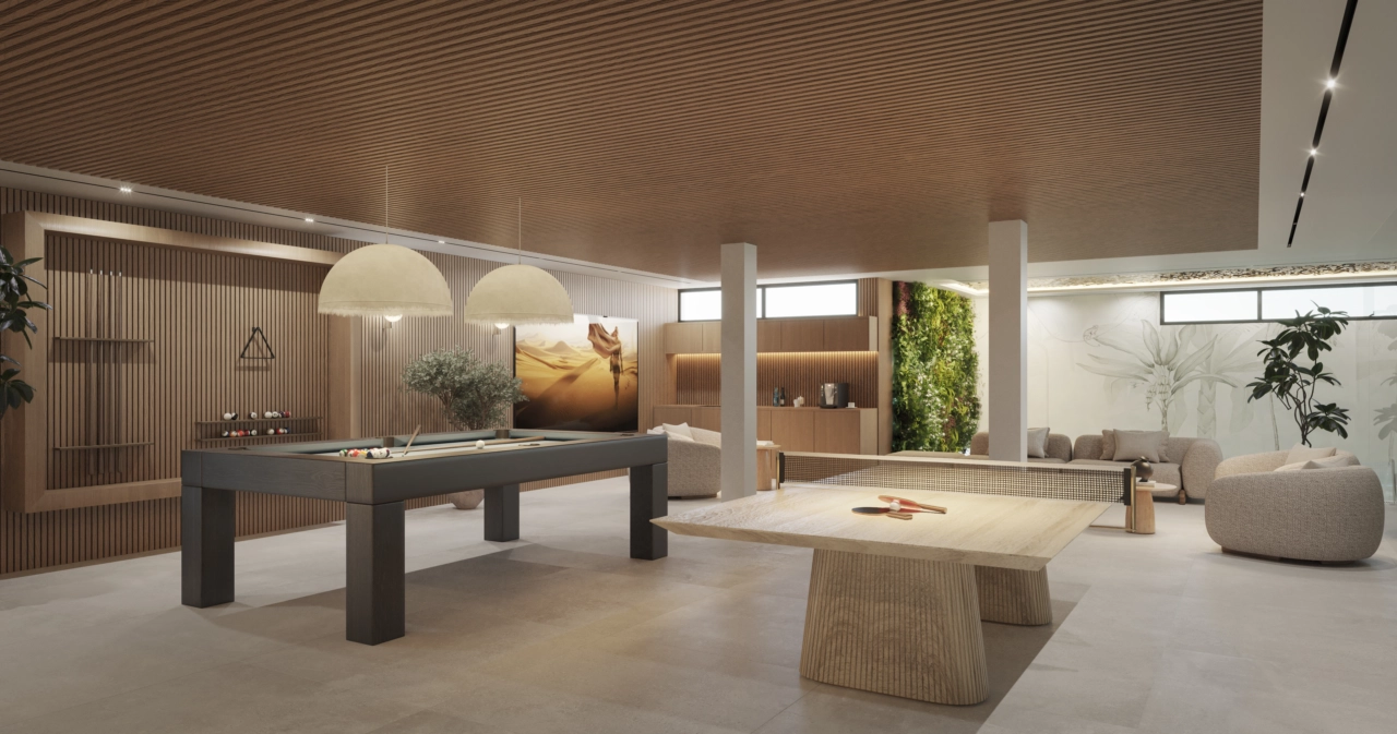 Den sociale lounge tilbyder et perfekt sted for beboere at slappe af og socialisere.