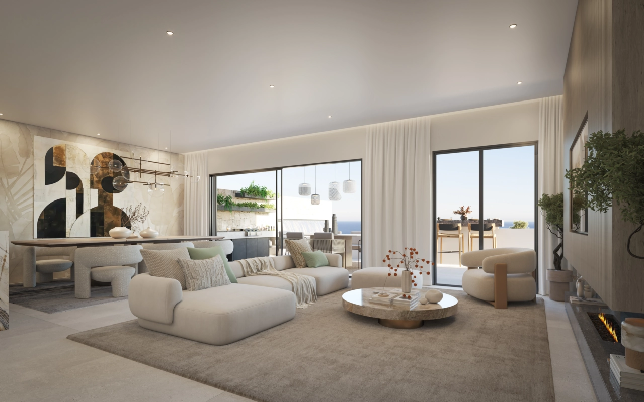 Det lyse, åbne opholdsrum forbinder problemfrit med det store udendørsområde.