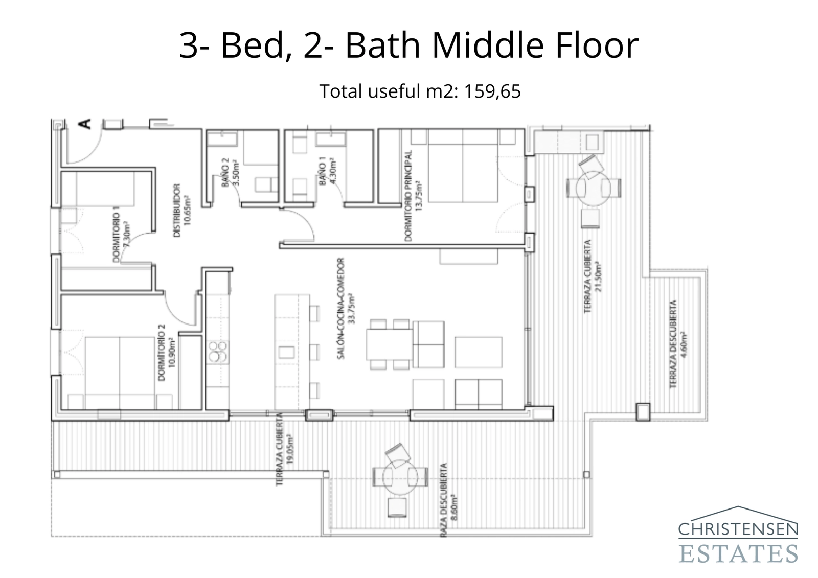 En veldesignet treværelses etageplanløsning på mellemetagen med rummelige terrasser, der udvider opholdsrummet udad, perfekt til at omfavne Middelhavsklimaet.